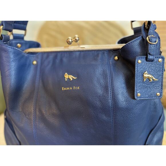 Emma Fox Classic Frame Large Leather Navy Blue Kiss-Lock Shoulder Satchel - Picture 2 of 11